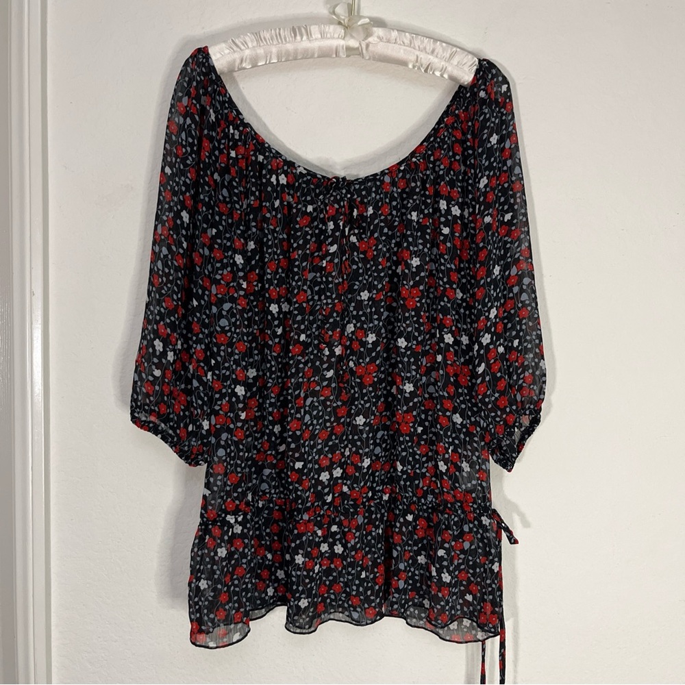 Pure Energy Navy Blouse Red White Blue Floral Shirt Flowy Top Target Plus Sz 1X - Picture 3 of 11